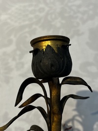 A pair of gilt silver and metal candlesticks with Chinese porcelain, European porcelain flowers, and marble bases, marked Boin-Taburet, late 19th C.