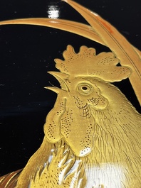 A large Japanese gilt-lacquered 'Rooster' tray, Meiji, ca. 1900