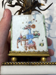 A pair of gilt silver and metal candlesticks with Chinese porcelain, European porcelain flowers, and marble bases, marked Boin-Taburet, late 19th C.