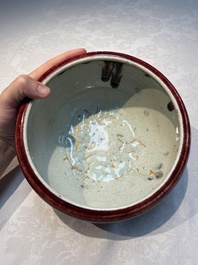 A Chinese flamb&eacute;-glazed bowl and a tripod censer, 19th C.