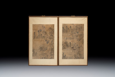 Korean school: 'Ode to the Red Cliff' and 'Immortals on a Dragon Carp', ink and colour on paper, Joseon, 18/19th C.