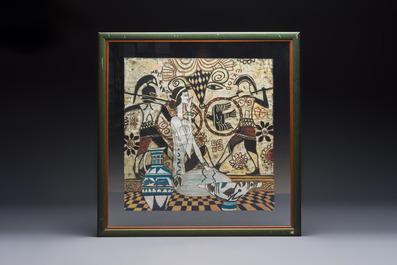 Ting Shao Kuang (b. 1939, attr. to): 'Seated Beauty before a Classical Mural', mixed techniques, 20th C.
