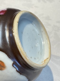 A Chinese famille verte teapot and three famille rose capucine-ground cups and saucers, Kangxi/Qianlong