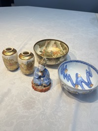 A Japanese Satsuma bowl, a pair of vases, a polychrome figure, and a marked Koransha bowl, 19/20th C.