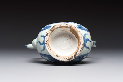 A silver-mounted Chinese blue and white 'Zhou Dunyi 周敦頤' ewer, Ming