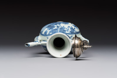 A silver-mounted Chinese blue and white 'Zhou Dunyi 周敦頤' ewer, Ming