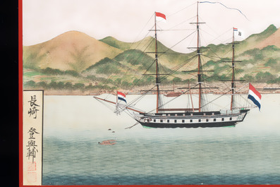 Kawahara Keiga 川原慶賀 (Japan, 1786-1860): 'Two Dutch Vessels Anchored off Deshima Harbour', gouache on silk, seal mark, 19th C.