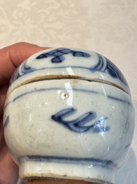 A Chinese blue and white 'Flying horse' betel nut box and cover, Wanli