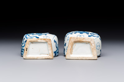 A pair of Chinese blue and white 'Antiquities' wall pocket vases, Kangxi