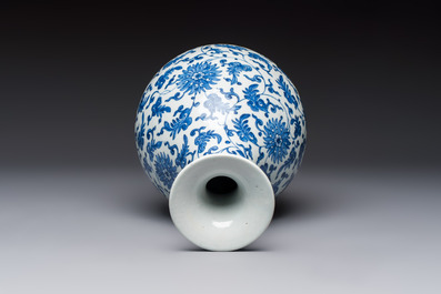 A Chinese blue and white 'Yuhuchunping' vase with lotus scroll design, Qianlong mark and of the period