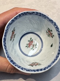 Seven Chinese famille verte cups and four saucers, conch shell and lingzhi marks, Kangxi
