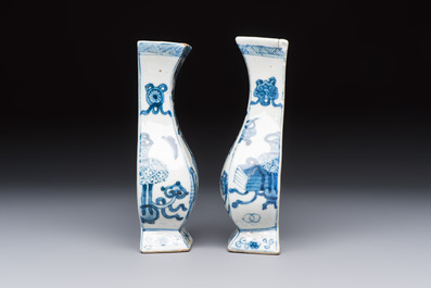 A pair of Chinese blue and white 'Antiquities' wall pocket vases, Kangxi