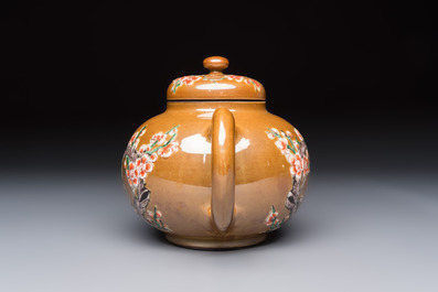 A large Chinese famille verte capucin-ground 'Prunus Blossoms' teapot and cover with relief design, Kangxi