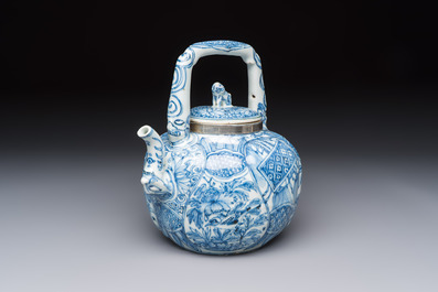 A silver-mounted Chinese blue and white wine pot, Wanli