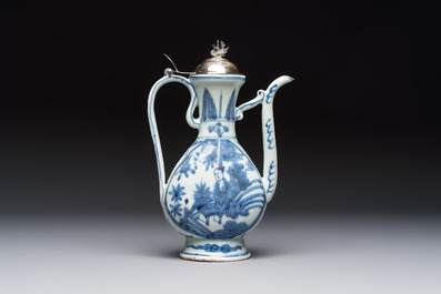 A silver-mounted Chinese blue and white 'Zhou Dunyi 周敦頤' ewer, Ming