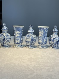A rare Chinese blue and white five-piece garniture in Dutch Delft style, Kangxi mark, 19th C.