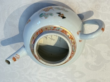 A Chinese famille verte teapot and three famille rose capucine-ground cups and saucers, Kangxi/Qianlong