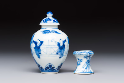 A small Chinese blue and white covered vase and a miniature salt, Kangxi