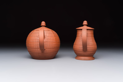 An English 4-piece engine-turned redware tea service, pseudo-Chinese marks, 2nd half 18th C.