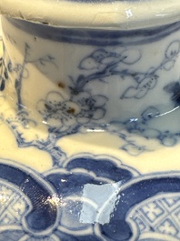 A rare Chinese blue and white five-piece garniture in Dutch Delft style, Kangxi mark, 19th C.