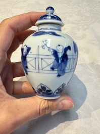 A small Chinese blue and white covered vase and a miniature salt, Kangxi