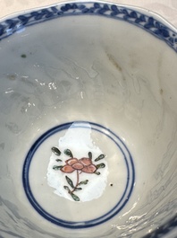 Seven Chinese famille verte cups and four saucers, conch shell and lingzhi marks, Kangxi