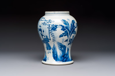 A Chinese blue and white 'Boot-swapping ceremony of Cui Rong' vase, Kangxi