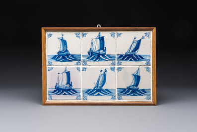 17 blue and white Dutch Delft tiles with sea monsters, ships, a cat and various figures, 17th C. and later