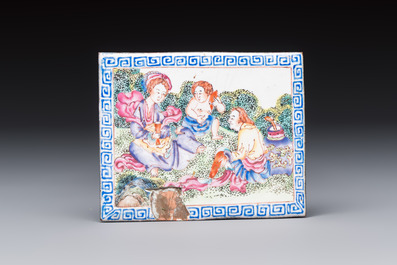 Six Chinese Canton enamel rectangular plaques with landscape, figural, floral and European subject designs, Qianlong