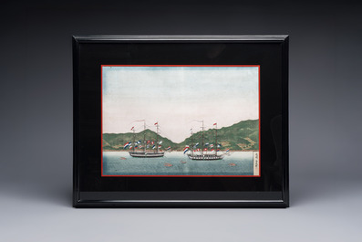 Kawahara Keiga 川原慶賀 (Japan, 1786-1860): 'Two Dutch Vessels Anchored off Nagasaki Bay', gouache on silk, seal mark, 19th C.