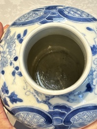 A rare Chinese blue and white five-piece garniture in Dutch Delft style, Kangxi mark, 19th C.
