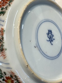 Seven Chinese famille verte cups and four saucers, conch shell and lingzhi marks, Kangxi