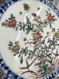 Seven Chinese famille verte cups and four saucers, conch shell and lingzhi marks, Kangxi