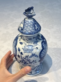 A rare Chinese blue and white five-piece garniture in Dutch Delft style, Kangxi mark, 19th C.