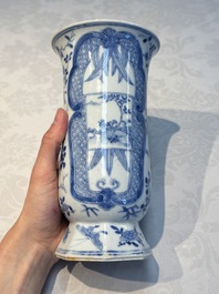 A rare Chinese blue and white five-piece garniture in Dutch Delft style, Kangxi mark, 19th C.