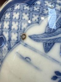 A rare Chinese blue and white five-piece garniture in Dutch Delft style, Kangxi mark, 19th C.