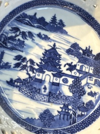 Six Chinese blue and white reticulated baskets with pagodas along a river, Qianlong