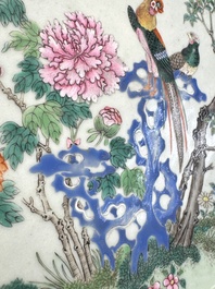 A fine Chinese famille rose pale celadon-ground 'phoenixes' dish with a reticulated rim, Qianlong