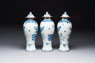 A Chinese blue and white five-piece garniture with birds among flowering branches, Qianlong