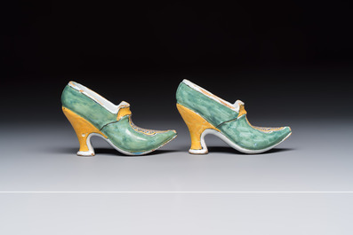 A pair of polychrome Dutch Delft models of shoes, 18th C.