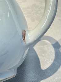 A Chinese famille verte teapot and three famille rose capucine-ground cups and saucers, Kangxi/Qianlong