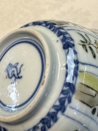 Seven Chinese famille verte cups and four saucers, conch shell and lingzhi marks, Kangxi