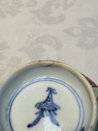 Seven Chinese famille verte cups and four saucers, conch shell and lingzhi marks, Kangxi