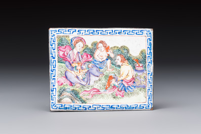 Six Chinese Canton enamel rectangular plaques with landscape, figural, floral and European subject designs, Qianlong