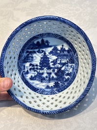 Six Chinese blue and white reticulated baskets with pagodas along a river, Qianlong
