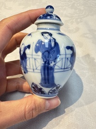 A small Chinese blue and white covered vase and a miniature salt, Kangxi