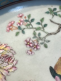 A fine Chinese famille rose pale celadon-ground 'phoenixes' dish with a reticulated rim, Qianlong