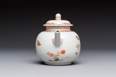 A Chinese famille verte teapot and three famille rose capucine-ground cups and saucers, Kangxi/Qianlong