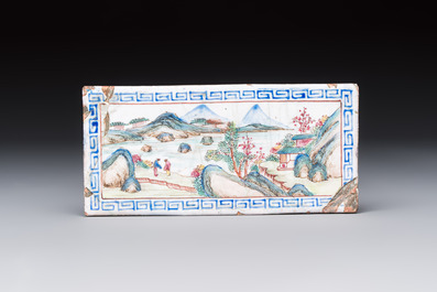 Six Chinese Canton enamel rectangular plaques with landscape, figural, floral and European subject designs, Qianlong
