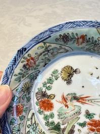 Two Chinese famille verte cups and four saucers, lingzhi and jade marks, Kangxi